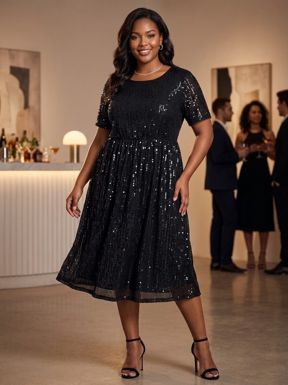 Wenrine Black Sequin Midi Dress - Elegant Party Fit